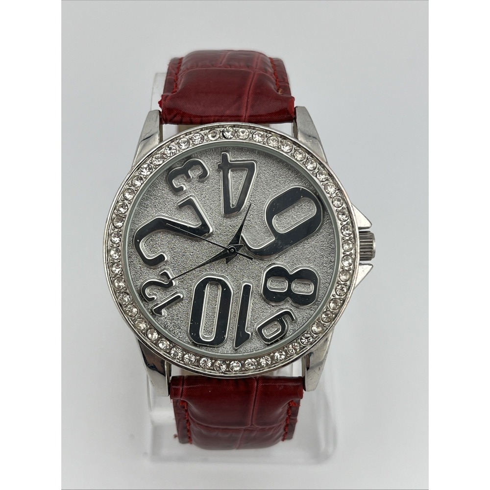 Avenue Watch Women 41mm Case Crystal Bezel Red Faux Leather Band- New Battery‎